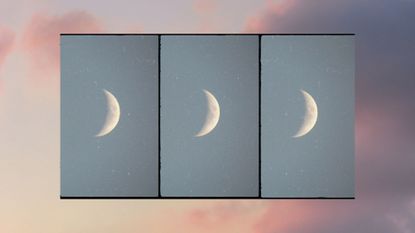 september 2022 new moon feature - 3 crescent moons on a pink sky background