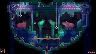 Animal Well screenshot showing a weird, mysterious puzzle room bathed in light