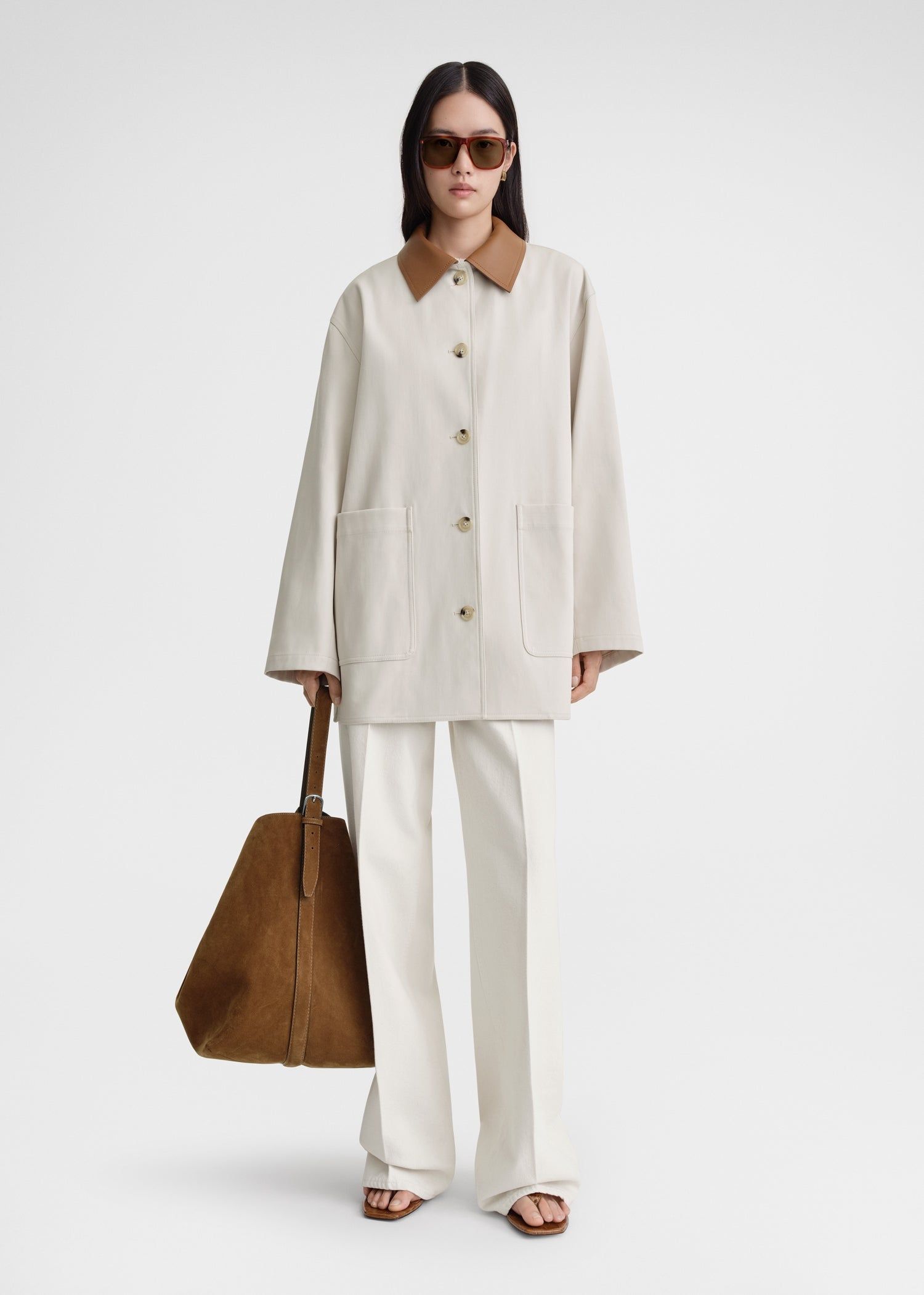 Leather-Collar Cotton Barn Jacket Pebble