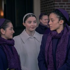 l-r Mattea Conforti as Becka, Lucy Halliday as Daisy, and Chase Infiniti as Agnes, in Hulu's 'The Testaments'