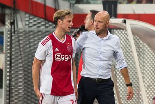 Manchester United manager Erik ten Hag and Barcelona midfielder Frenkie de Jong during their time together at Ajax in 2018.