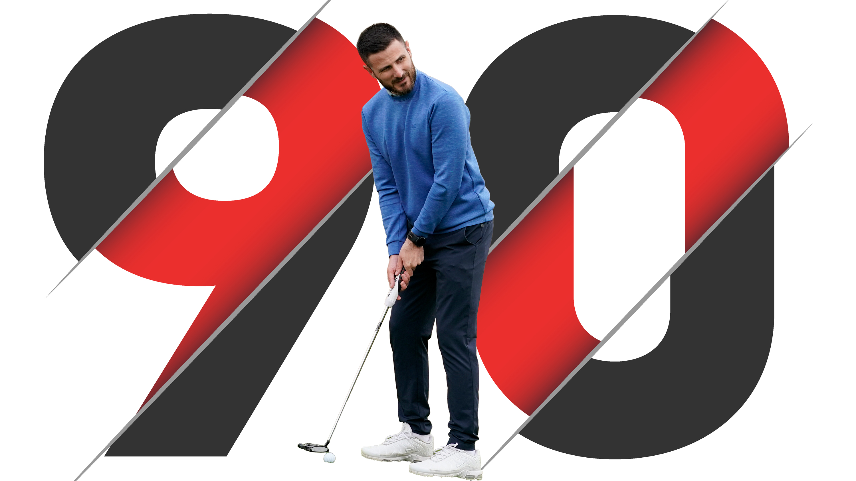Baz Plummer hitting a putt in front of a giant 90 that is breaking