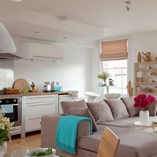 An open-plan kitchen and living room with white kitchen cupboards, a grey sofa, aqua blue throw over the arm and red flowers on a small side table