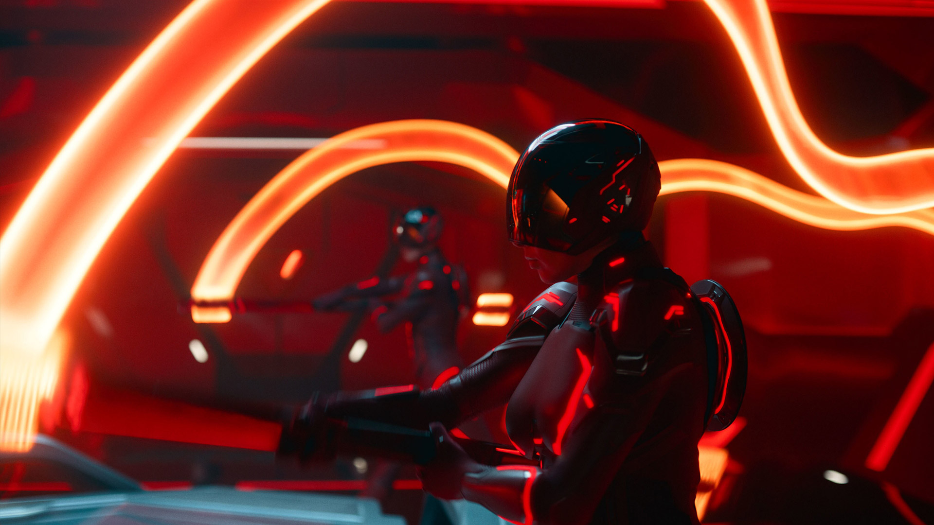 A person wearing a Tron suit waves around a stick with light cycles trailing behind it
