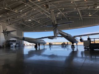 In the hangar at Virgin Galactic's "Gateway to Space" building, which can accommodate two WhiteKnightTwo carrier planes and five SpaceShipTwo vehicles simultaneously. 