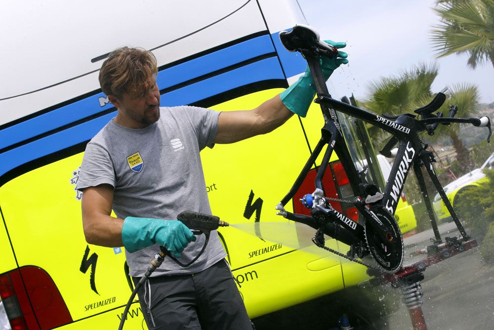 The Tinkoff-Saxo bikes get a clean after a morning training ride