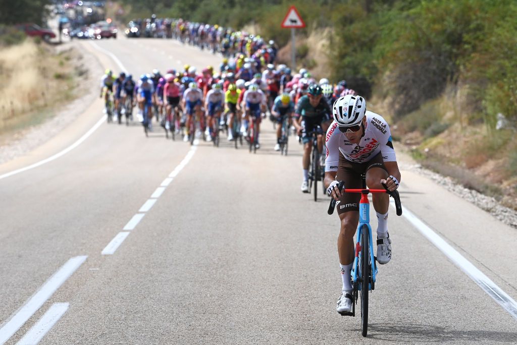 LA LAGUNA NEGRAVINUESA SPAIN SEPTEMBER 06 Geoffrey Bouchard of France and Team Ag2rCitron attacks during the 78th Tour of Spain 2023 Stage 11 a 1632km stage from Lerma to La Laguna Negra Vinuesa 1730m UCIWT on September 06 2023 in La Laguna NegraVinuesa Spain Photo by Tim de WaeleGetty Images