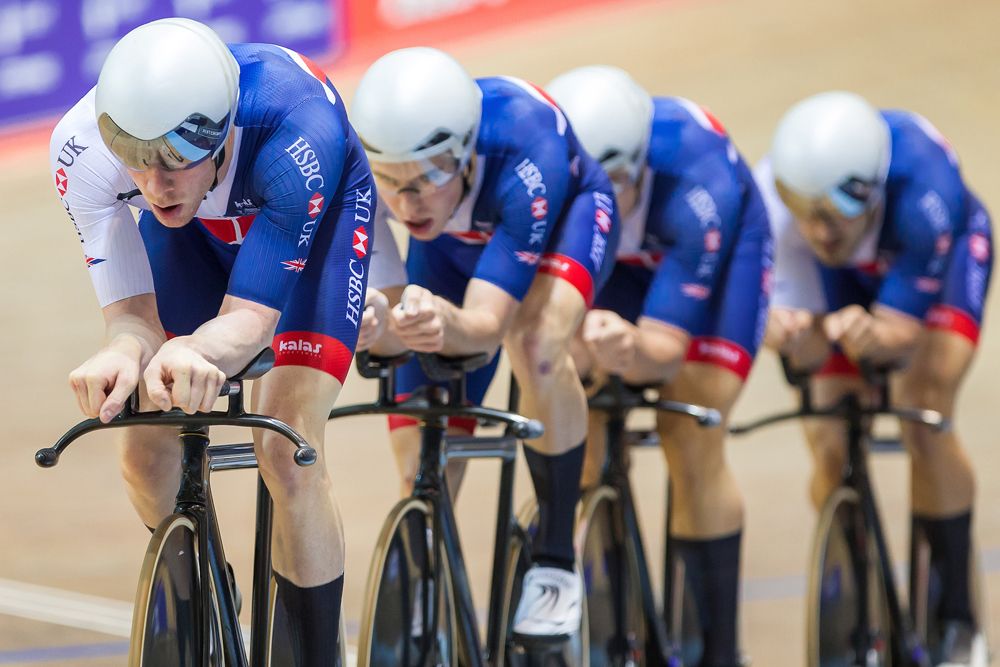 Great Britain's Ed Clancy, Steven Burke, Kian Emadi and Ollie Wood compete in the Men's Team Pursuit qualifying
