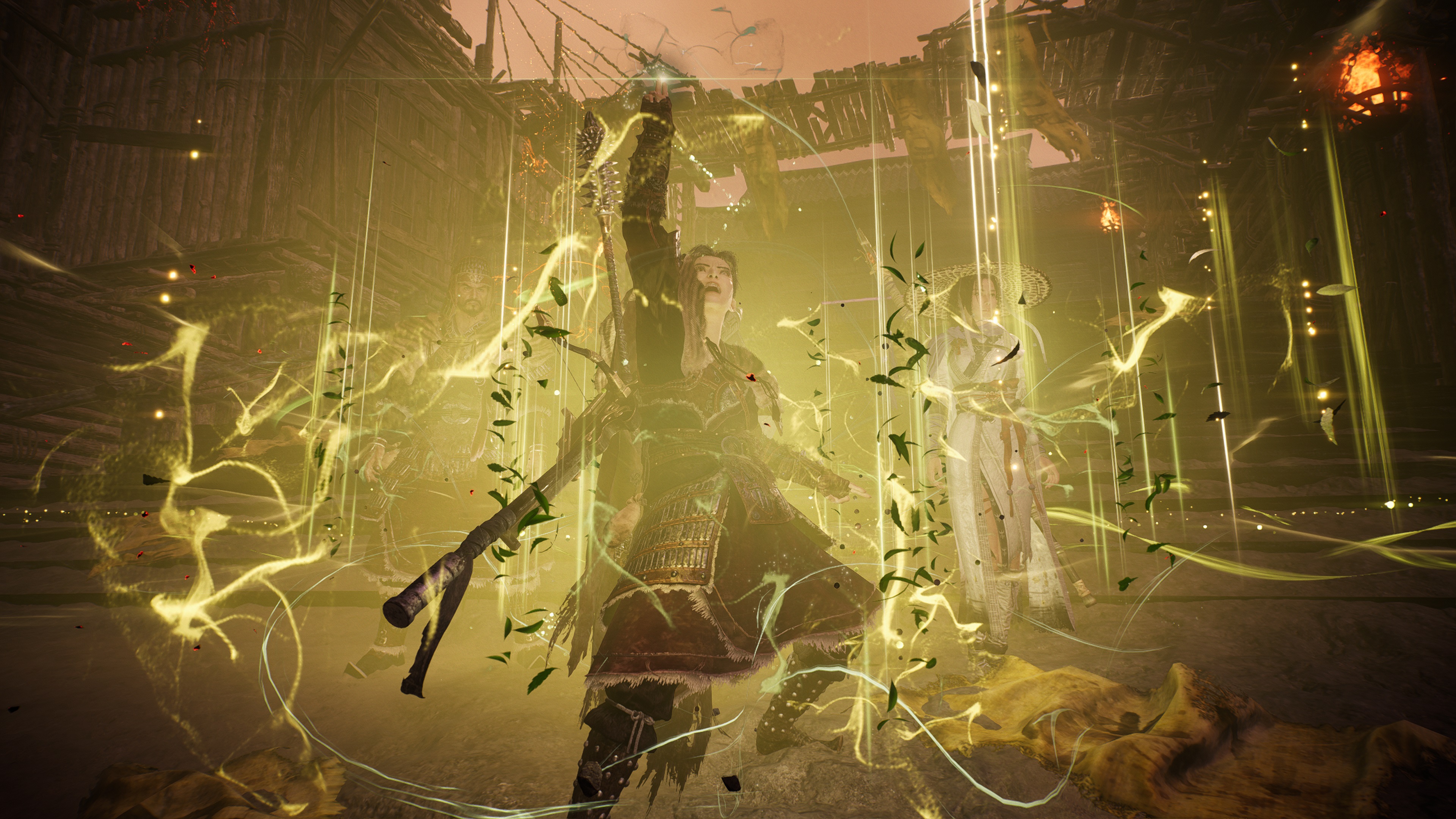 Wo Long: Fallen Dynasty in-game screenshot of the player performing a Wood Wizardry Spell to buff their allies, taken in Photograph Mode.