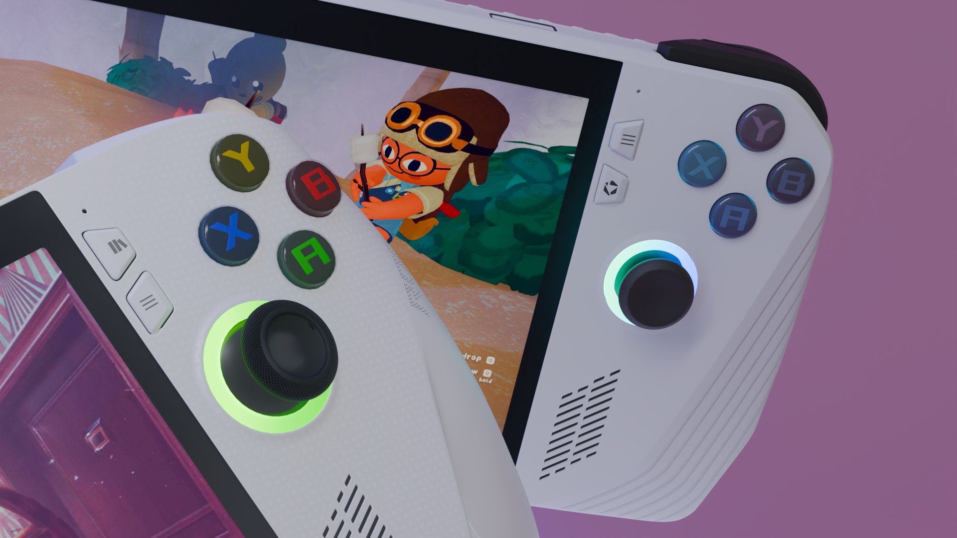 3D render of the Asus ROG Xbox Ally and ROG Xbox Ally handheld gaming PCs showing a close up of the face buttons and RGB thumbsticks, playing Control and PEAK in front of a colorful backdrop.