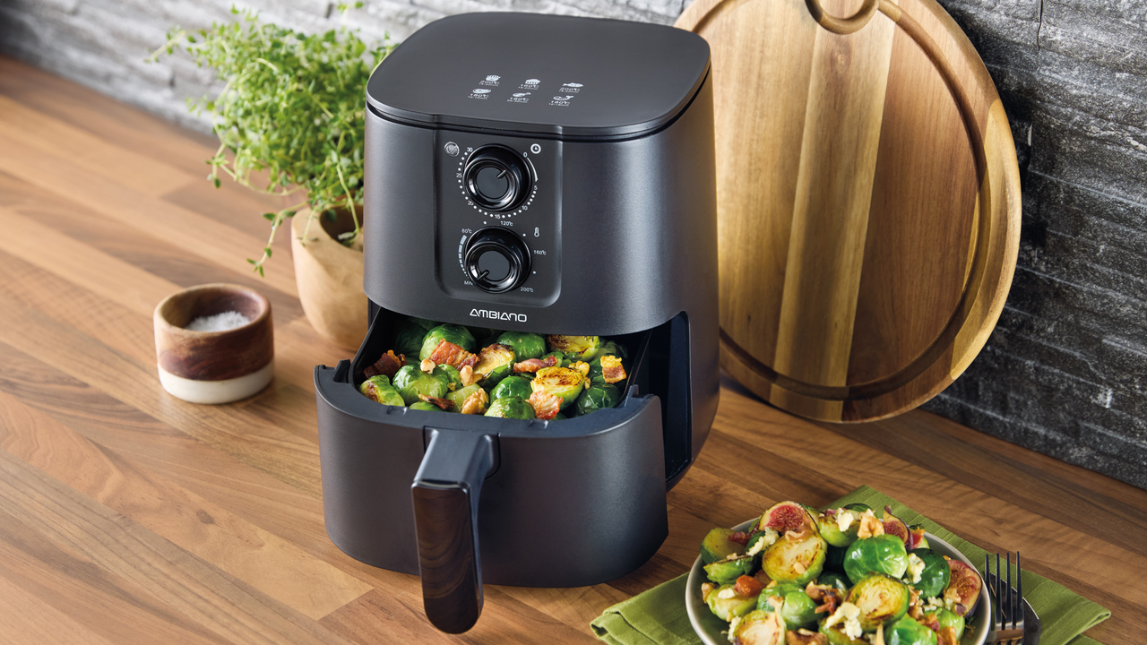 Aldi Mini Air Fryer cooking bacon and brussel sprouts