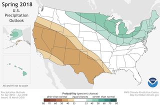 Places where the 2018 forecast favors well-above-normal (green) or well-below-normal (brown) spring precipitation. Color intensity indicates higher or lower probability for wet or dry conditions.