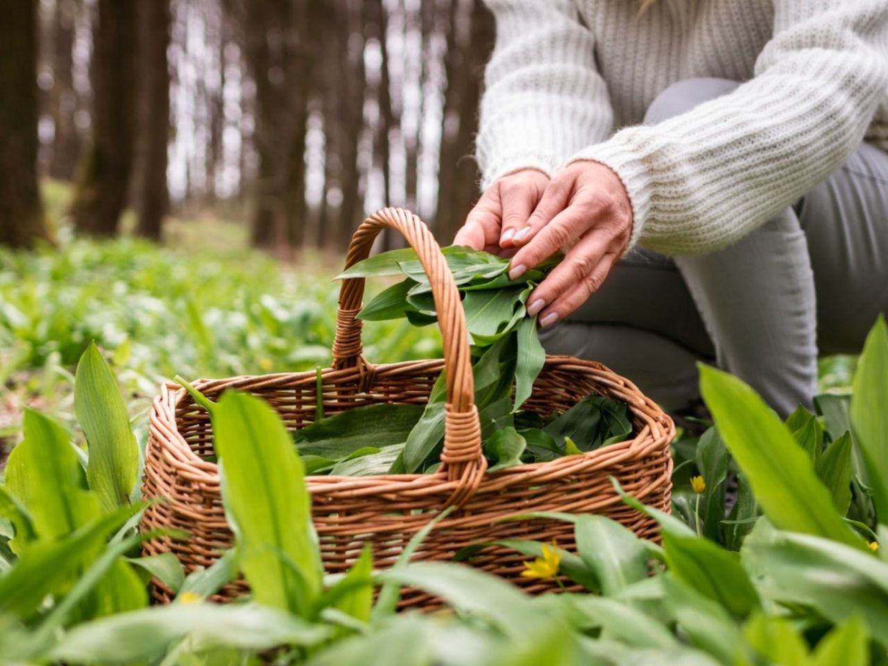 A woman with a basket harvesting wild ramps in the woods