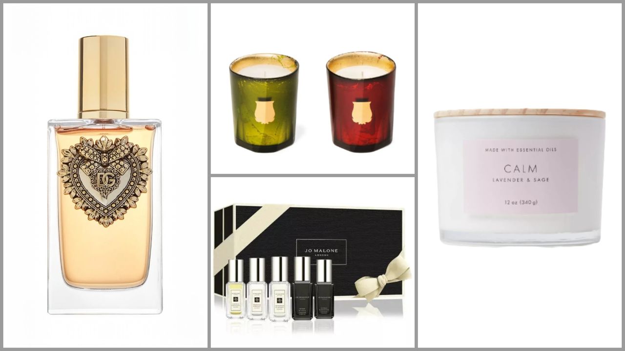 product collage of Jo Malone London 5-Pc. Cologne Discovery Gift Set, Dolce &amp; Gabbana Devotion Eau De Parfum, Threshold Wood Lidded Glass Wellness Calm Candle, and Trudon Astral Gabriel and Gloria Scented Candles on white background with grey border