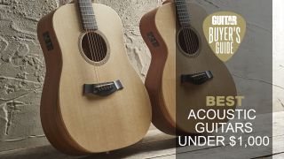 Two Taylor Academy Series acoustic guitars leaning against a wall
