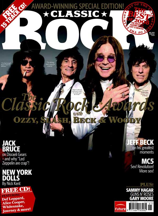 The cover of Classic Rock 127, featuring Slash, Ronnie Wood, Ozzy Osbourne and Jeff Beck
