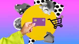 Credit Card graphic with shopping cart icon, piggy bank, car, home