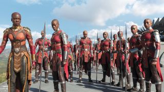 The Dora Milaje stare down an enemy in Marvel Studios' Black Panther movie