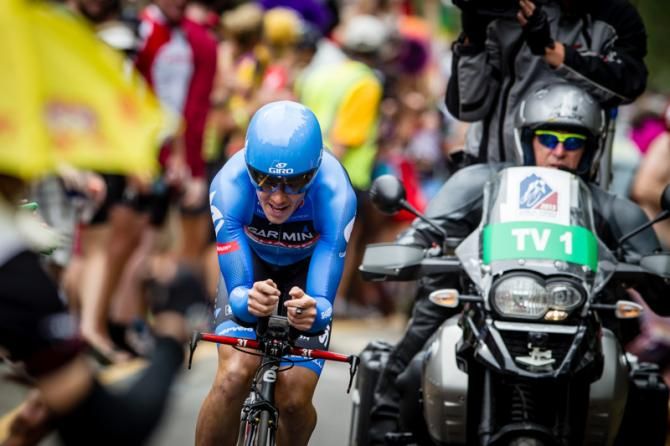 Tom Danielson (Garmin-Sharp) coming through fans along the TT course in Vail.