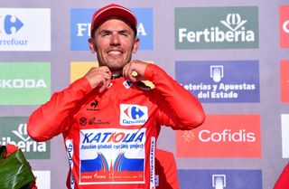 Joaquim Rodriguez (Katusha) pulls on the red jersey