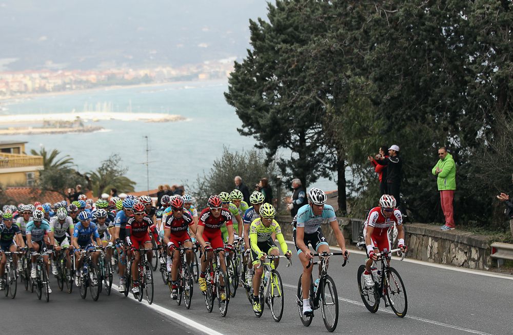 The peloton make their way along the Italian coast during the 2012 Milan-San Remo cycle race on March 17, 2012
