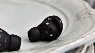 A closeup of the Samsung Galaxy Buds Pro true wireless earbuds