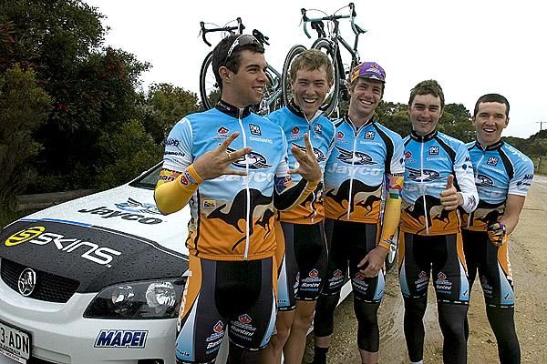 Cool man: The Jayco/AIS boys clown around prior to stage four in Anglesea.