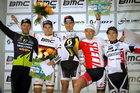 Elite men's podium in Solothurn: Ralph Naef, Moritz Milatz, Nino Schurter, Christoph Sauser, Maxime Marotte