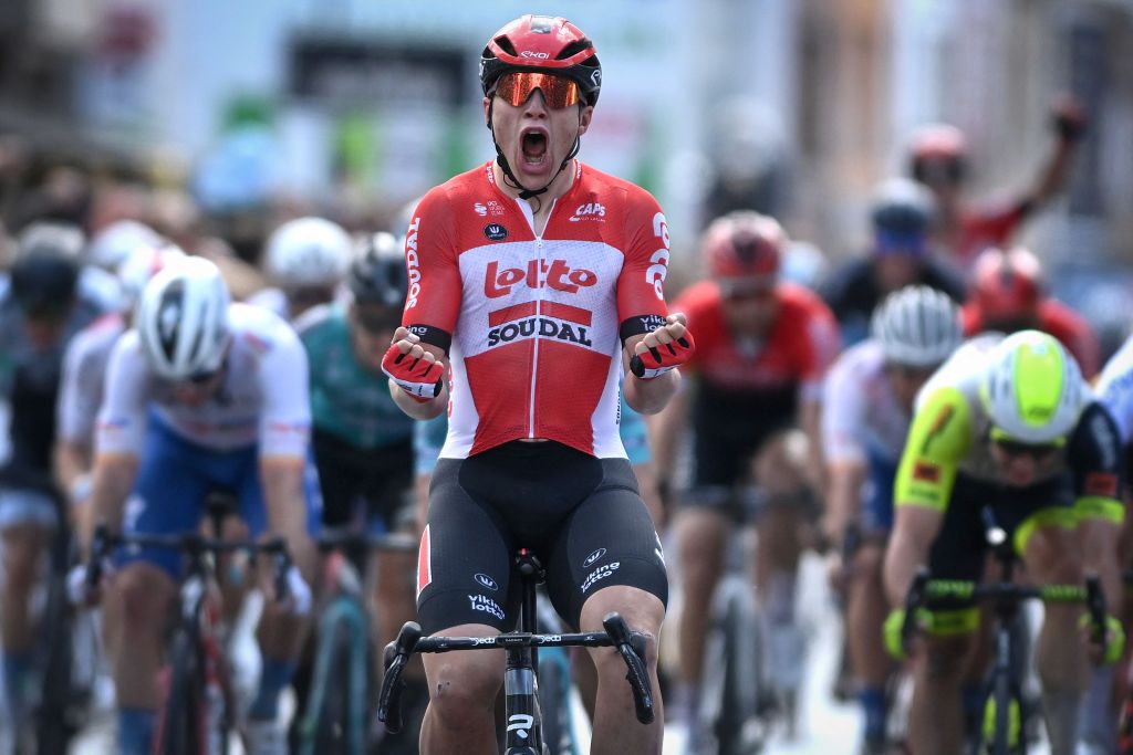 Belgian Arnaud De Lie of Lotto Soudal celebrates as he crosses the finish line to win the Marcel Kint Classic