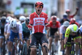 Belgian Arnaud De Lie of Lotto Soudal celebrates as he crosses the finish line to win the Marcel Kint Classic