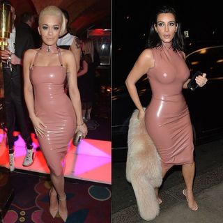 Rita Ora and Kim Kardashian both wearing a rose-colored latex dress