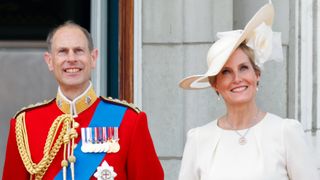 Prince Edward and Sophie, Duchess of Edinburgh watch an RAF flypast from the balcony of Buckingham Palace during Trooping the Colour on June 17, 2023