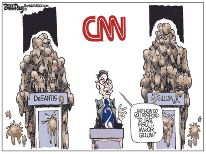 Political cartoon U.S. Florida governor race mud slinging Ron DeSantis Andrew Gillum debate CNN