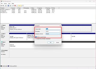 Disk Management format settings