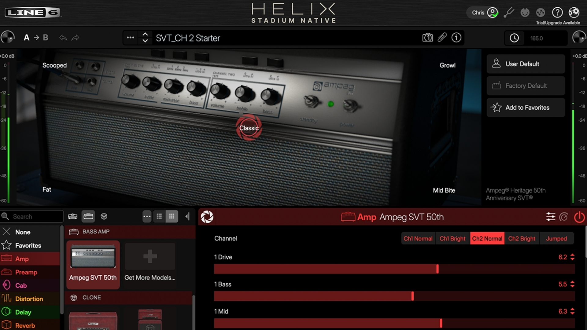 A screenshot of the Line 6 Helix Stadium Native amp simulator software