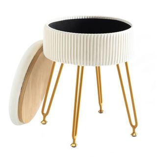 Cream colored velvet ottoman with gold legs