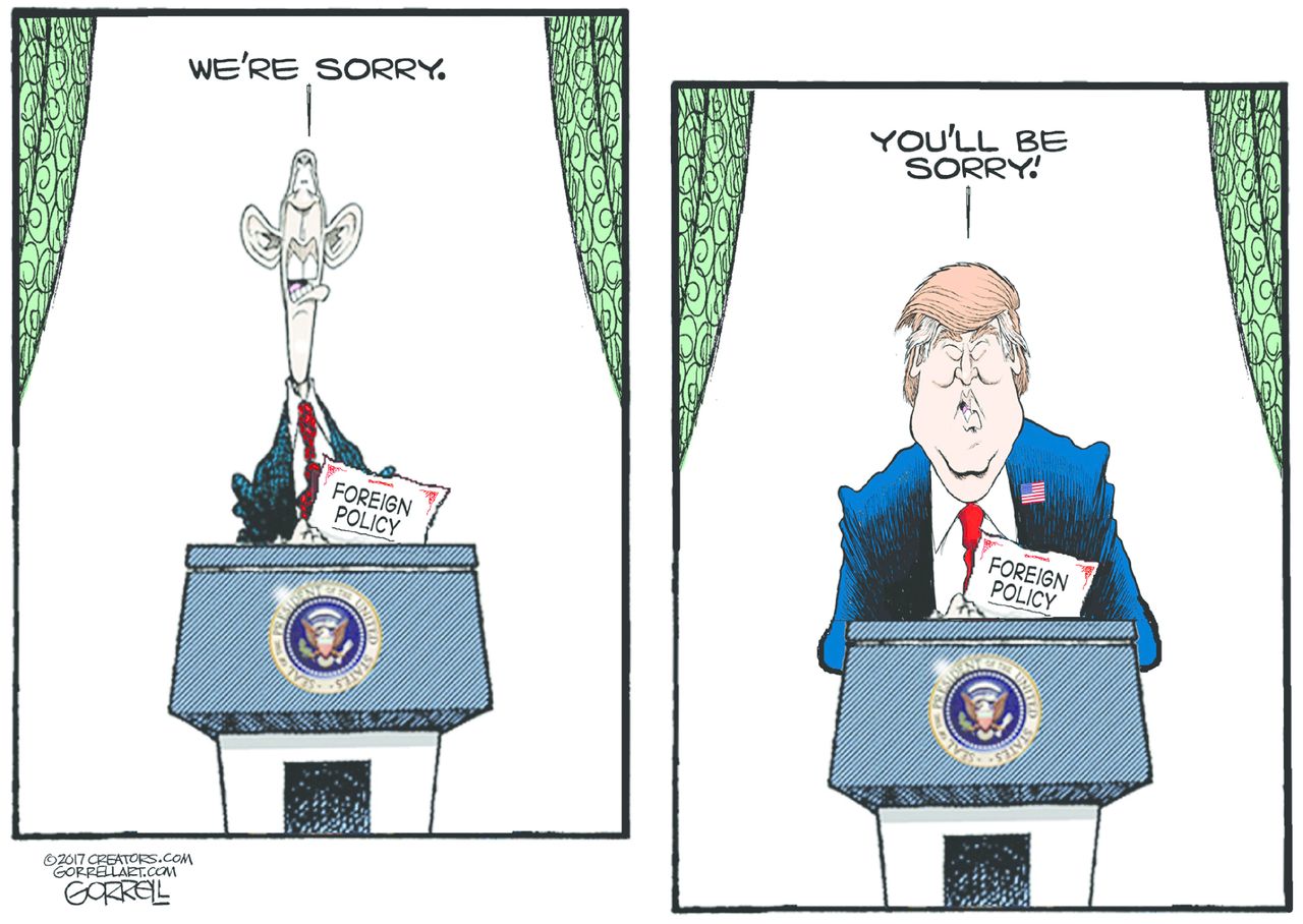 Political cartoon U.S. Trump Obama foreign policy