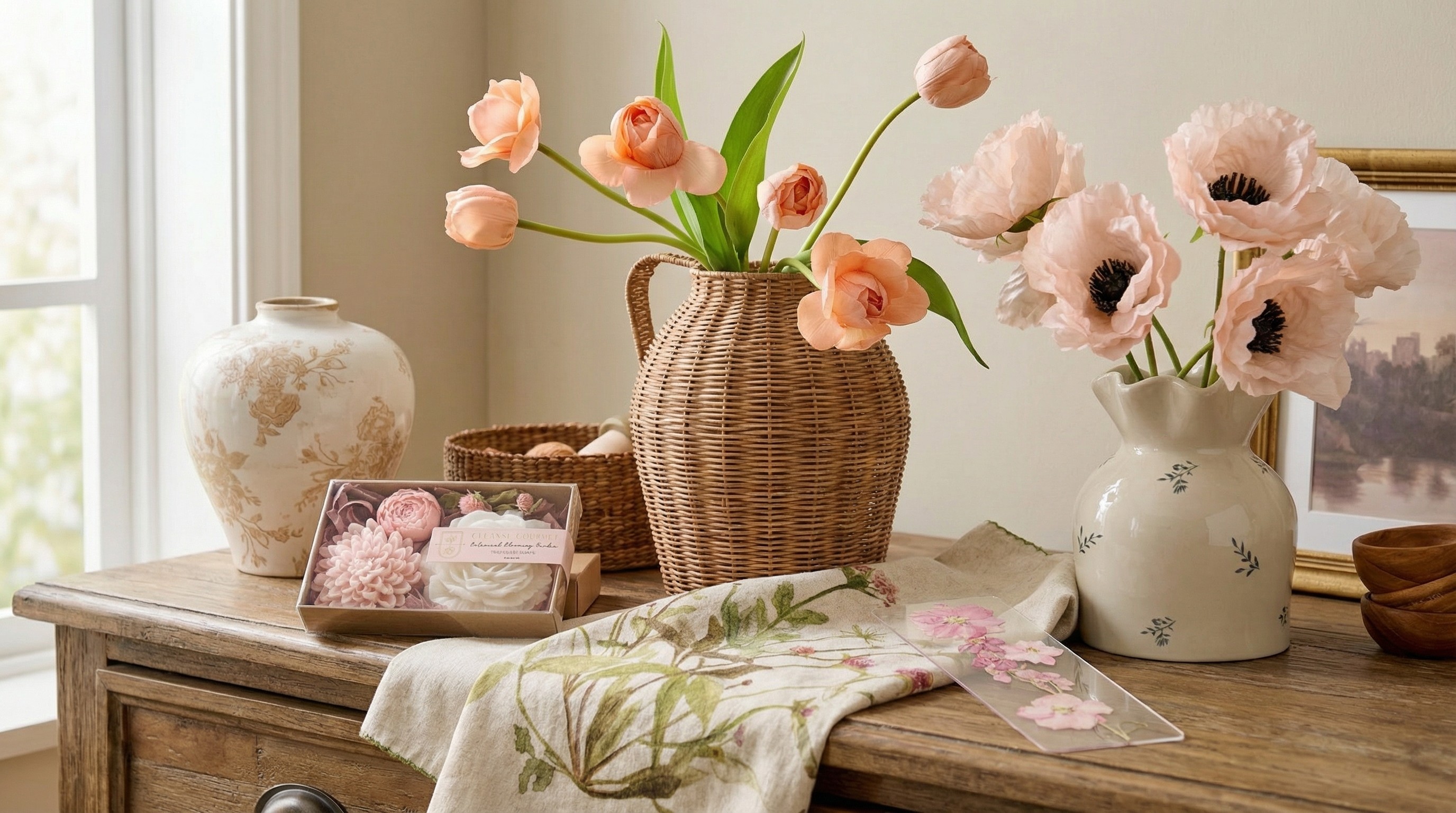 An assortment of Mangolia faux flowers, vases, and floral soaps and tea towels artfully arranged on a table.