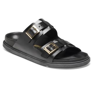 black leather buckle shoes