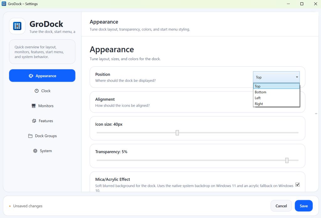 GroDock settings window showing appearance options with position set to top, icon size at 40px, and transparency at 5%.