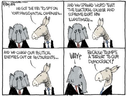 Political cartoon U.S. midterm election Democrats Republicans FBI Supreme Court Electoral College Trump threat to democracy