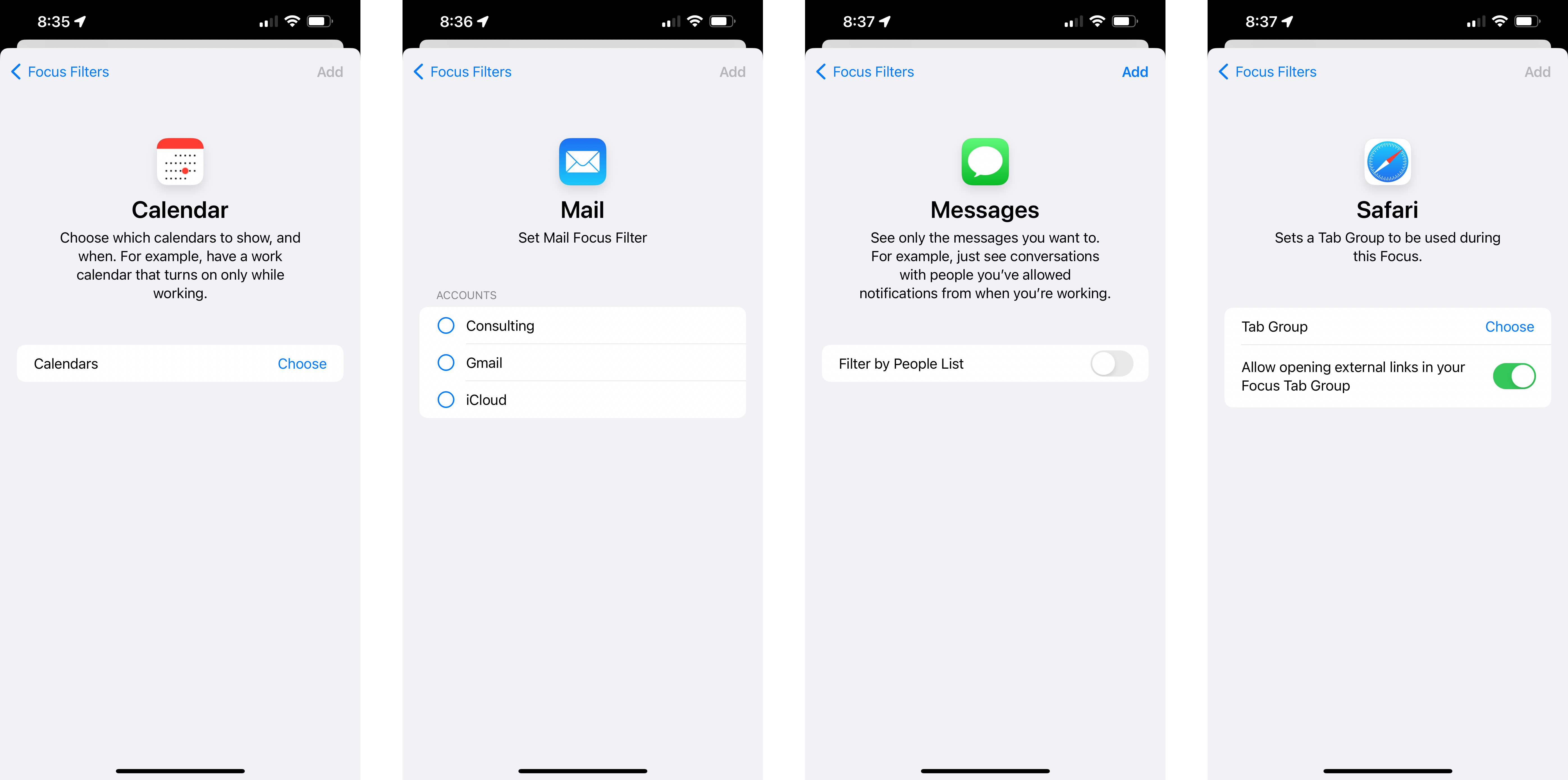 Screenshot of Calendar, Mail, Messages, and Safari focus filter settings.