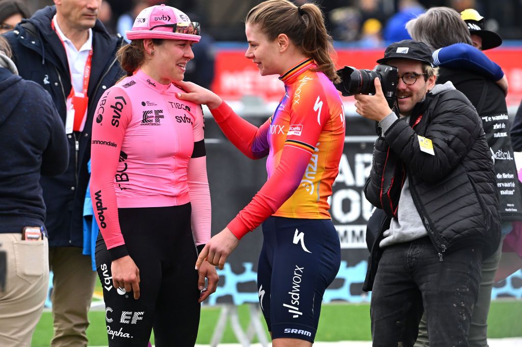 ROUBAIX FRANCE APRIL 08 LR Race winner Alison Jackson of Canada and Team EF EducationTibcoSvb and Lotte Kopecky of Belgium and Team SD Worx react after the 3rd ParisRoubaix Femmes 2023 a 1454km one day race from Denain to Roubaix UCIWWT on April 08 2023 in Roubaix France Photo by Luc ClaessenGetty Images