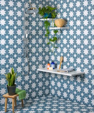 Blue star tiled shower with shelving