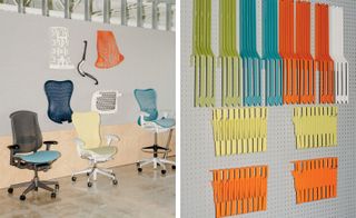 Colorful chairs, colourful metal screens and shelves