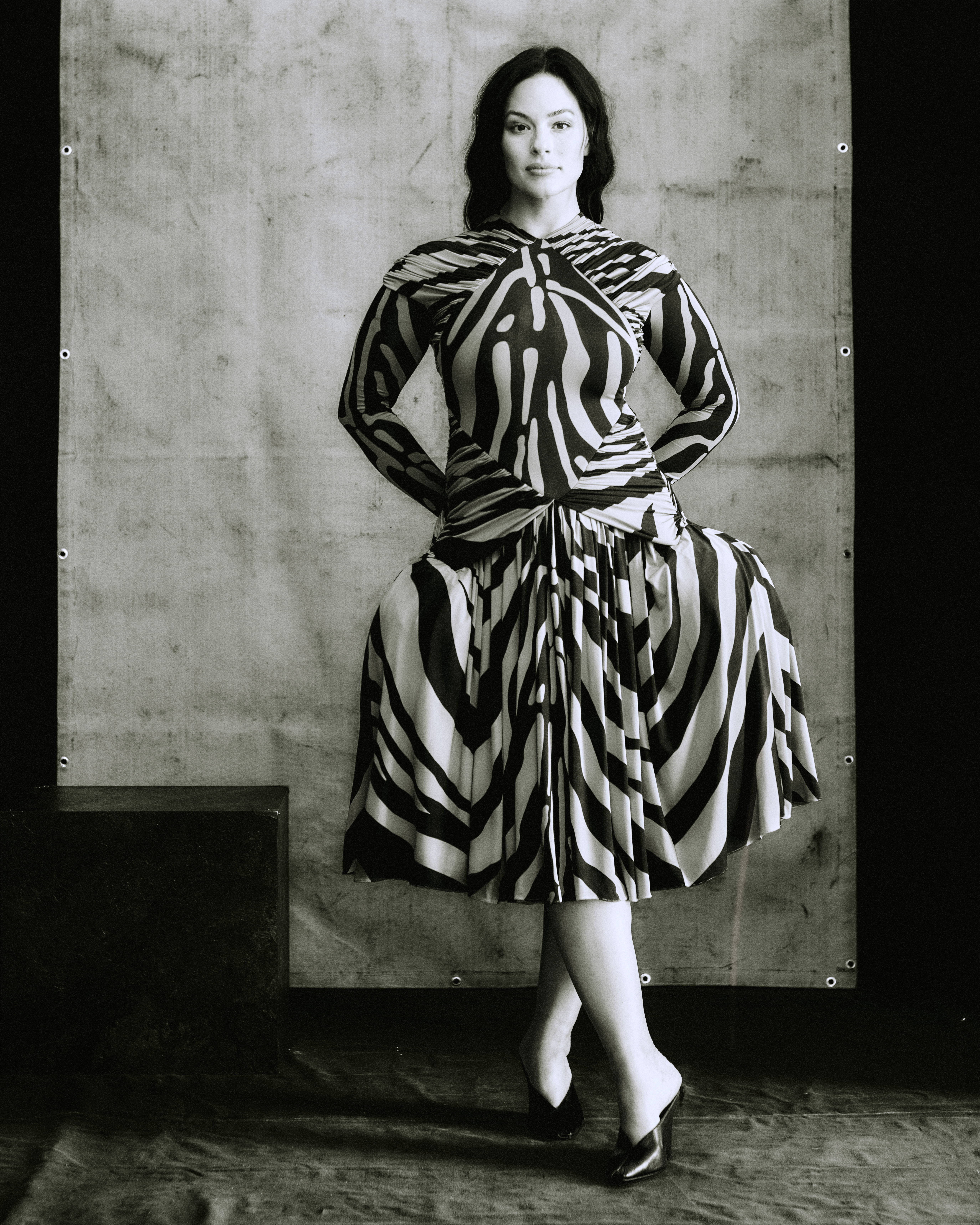 Ashley Graham poses in patterned dress