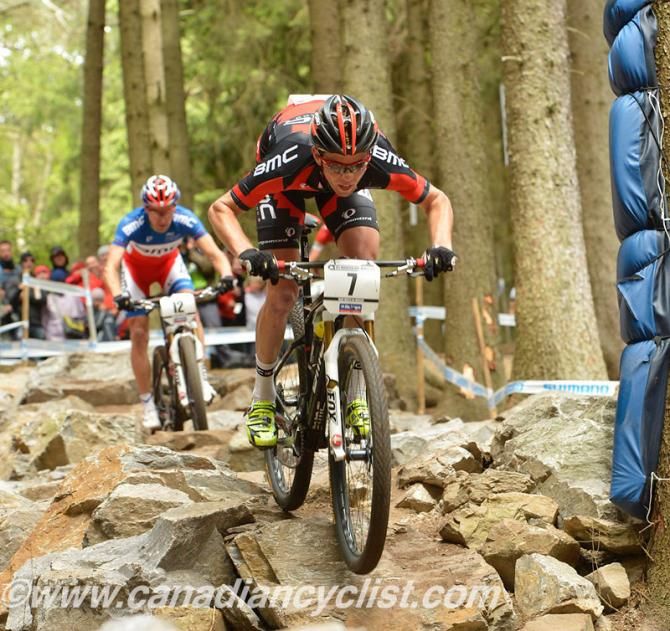 Lukas Fl&uuml;ckiger (BMC Mountainbike Racing Team) stays low and fast through the rock garden