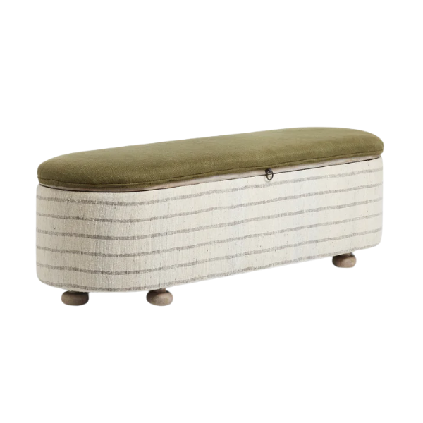OKA, Bursa Ottoman, with green lift up lid, bun feet and a striped cream linen upholstery around the main body