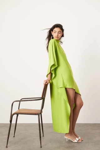 Asos Edition High Neck Cape Sleeve Mini Dress With Asymmetric Hem in Lime Green