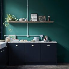 Kitchen with dark cabinetry and emerald painted walls